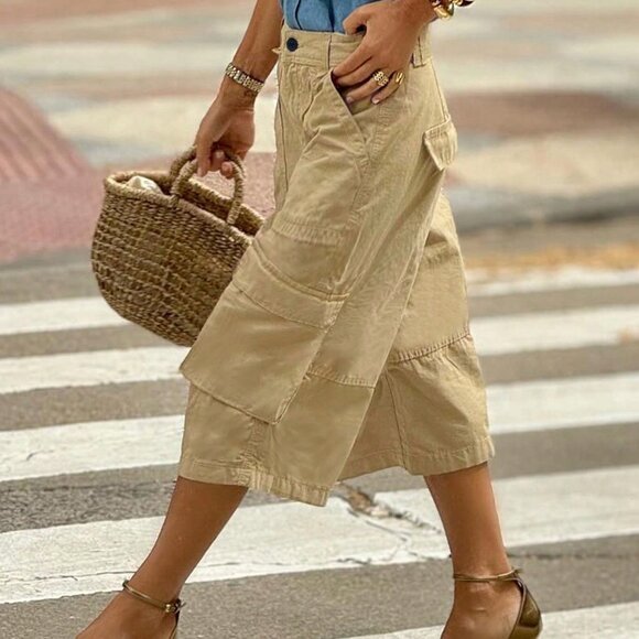 Khaki Casual Women's Plain Color Pocket Cropped Cargo bermudas shorts Pants - Picture 3 of 6